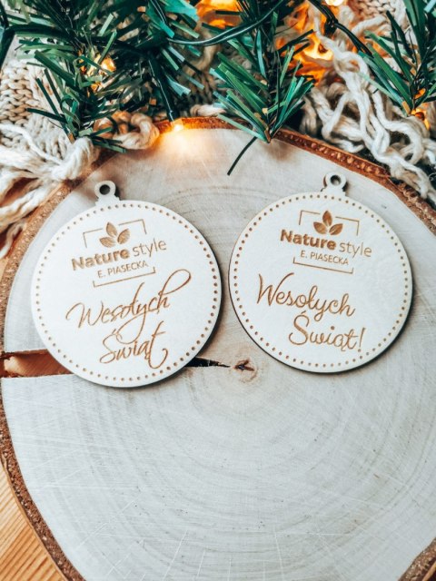 Bombka LOGO (10szt) - jednostronna: napis + logo - - - (dowolny tekst, imienna, imienne bombki i zawieszki firmowe)