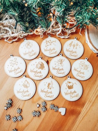 Bombka LOGO (10szt) - jednostronna: obrazek + napis - - - (dowolny tekst, imienna, imienne bombki i zawieszki firmowe)