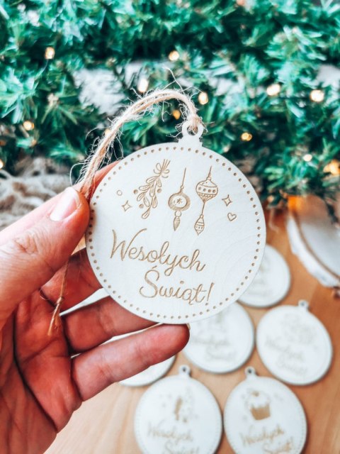 Bombka LOGO (10szt) - jednostronna: obrazek + napis - - - (dowolny tekst, imienna, imienne bombki i zawieszki firmowe)