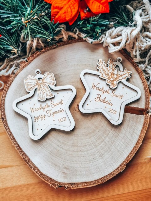 Bombka z imieniem - 3D GWIAZDKA - Kokardka - - - (dowolny tekst, imienna, imienne bombki i zawieszki firmowe z LOGO)