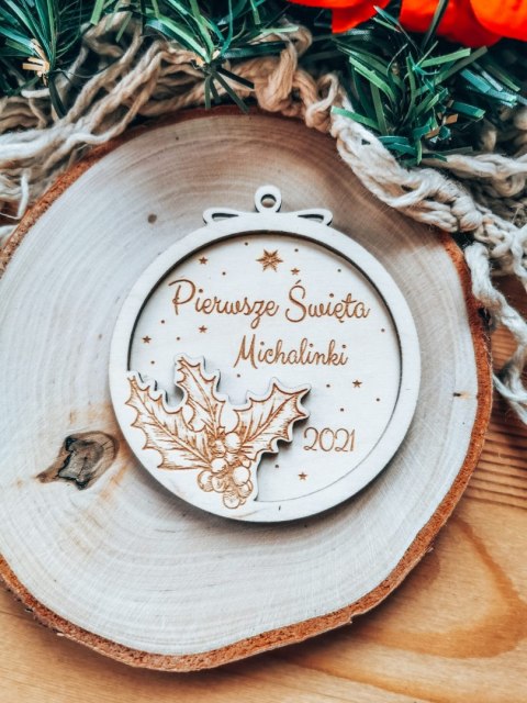 Bombka z imieniem - 3D KOŁO - Gałązka - - - (dowolny tekst, imienna, imienne bombki i zawieszki firmowe z LOGO)