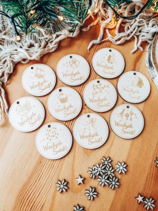 Zawieszka drewniana 5cm (10szt) GWIAZDKA Wesołych Świąt