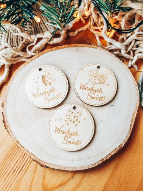 Zawieszka drewniana 5cm (10szt) GWIAZDKA Wesołych Świąt