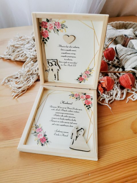 Życzenia - WZÓR 02 - dla Pary Młodej w drewnianym pudełku, kartka z życzeniami