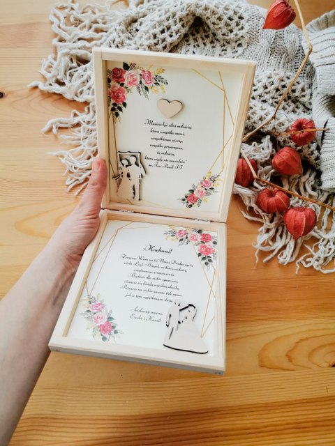 Życzenia - WZÓR 02 - dla Pary Młodej w drewnianym pudełku, kartka z życzeniami