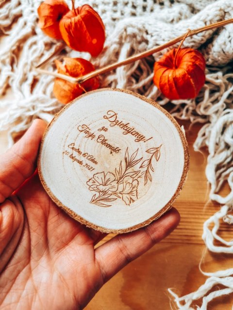 Podziękowanie MAGNES (3 wzory) - KWIATY - na plastrze brzozy (podziękowanie ślubne dla gości, prezent)