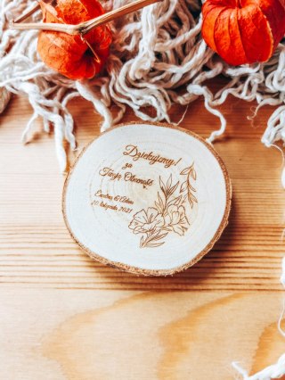 Podziękowanie MAGNES (3 wzory) - KWIATY - na plastrze brzozy (podziękowanie ślubne dla gości, prezent)