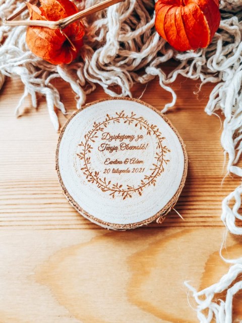 Podziękowanie MAGNES (6 wzorów) - WIANKI - na plastrze brzozy (podziękowanie ślubne dla gości, prezent)