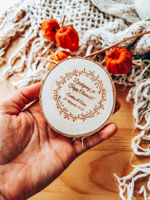 Podziękowanie MAGNES (6 wzorów) - WIANKI - na plastrze brzozy (podziękowanie ślubne dla gości, prezent)