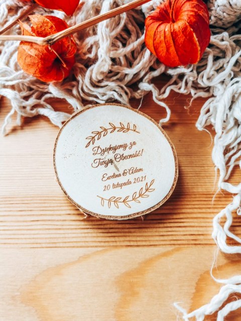 Podziękowanie MAGNES (6 wzorów) - WIANKI - na plastrze brzozy (podziękowanie ślubne dla gości, prezent)