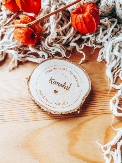 Winietka z podziękowaniem MAGNES - serduszko - na plastrze brzozy (podziękowanie ślubne dla gości, prezent)