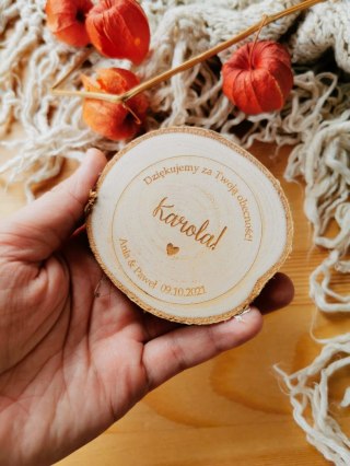 Winietka z podziękowaniem MAGNES - serduszko - na plastrze brzozy (podziękowanie ślubne dla gości, prezent)
