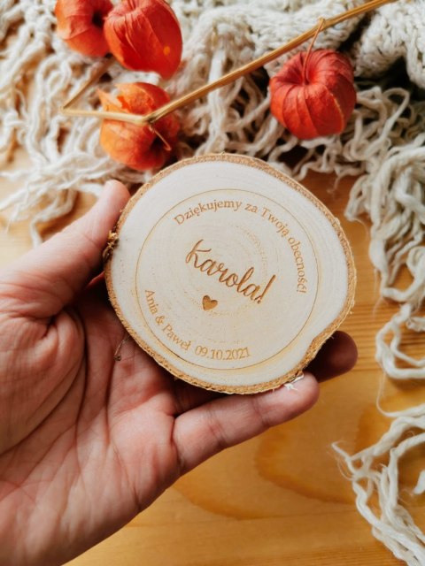 Winietka z podziękowaniem MAGNES - serduszko - na plastrze brzozy (podziękowanie ślubne dla gości, prezent)