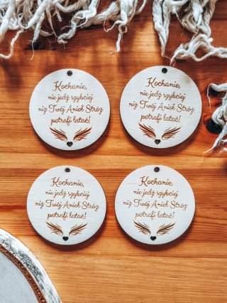 Zawieszka do samochodu (4szt) 6,5cm - Nie jedź szybciej niż Anioł - - - (koło, zawieszka samochodowa)