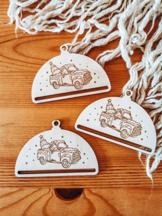 Bombka PÓŁOKRĄGŁA (3szt) - AUTO 02 - - - (półbombka, połówka, Wesołych Świąt, zawieszka na choinkę)