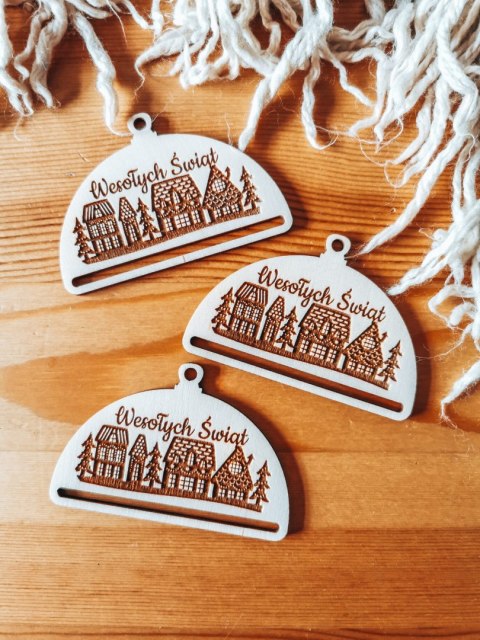 Bombka PÓŁOKRĄGŁA (3szt) - Domki 01 - - - (półbombka, połówka, Wesołych Świąt, zawieszka na choinkę)