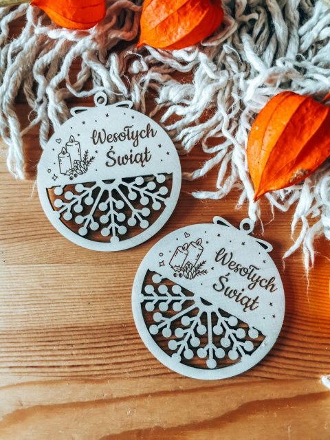 Bombka koło 8cm (2szt) - AŻUR 04 - Świece - - - (Wesołych Świąt, Cicha Noc, bombki i zawieszki choinkowe)