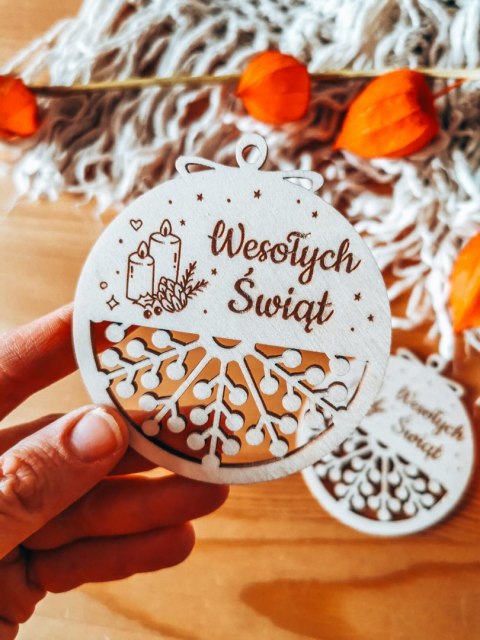 Bombka koło 8cm (2szt) - AŻUR 04 - Świece - - - (Wesołych Świąt, Cicha Noc, bombki i zawieszki choinkowe)