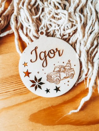 Bombka z imieniem - GWIAZDKI 02 - Samochód 02 - - - (dowolny tekst, imienna, imienne bombki i zawieszki firmowe z LOGO)