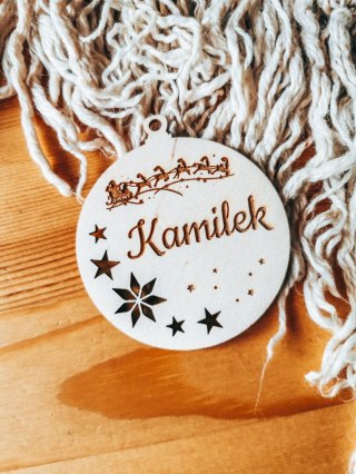 Bombka z imieniem - GWIAZDKI 02 - Sanie Mikołaja - - - (dowolny tekst, imienna, imienne bombki i zawieszki firmowe z LOGO)