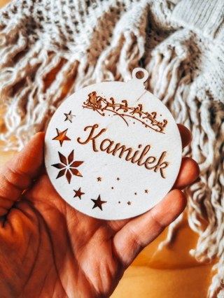 Bombka z imieniem - GWIAZDKI 02 - Sanie Mikołaja - - - (dowolny tekst, imienna, imienne bombki i zawieszki firmowe z LOGO)