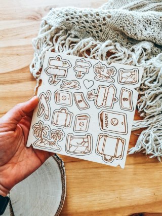 DEKOR - zestaw PODRÓŻNIK (14,5cm x 14,5cm) - - - (urlop, podróż, wakacje, holiday, travel, palmy, samolot)