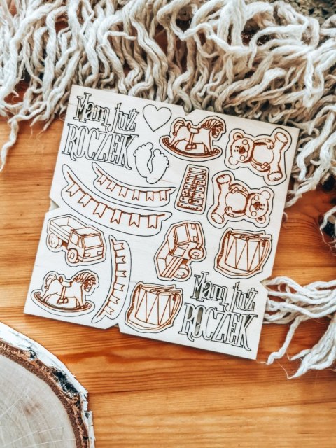 DEKOR - zestaw ROCZEK 01 (14,5cm x 14,5cm) - - - (pierwsze urodziny, zabawki, dziecko, mam już roczek)