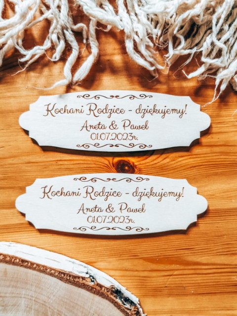 Kochani Rodzice Dziękujemy IMIONA - TABLICZKA (2szt) 14,0cm x 4,5cm (8 wzorów) - - - (personalizowane podziękowanie ślubne podzi