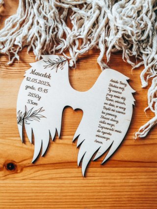 Skrzydła METRYCZKA z modlitwą (12cm) (1szt) - gałązki - - - (dowolny tekst, skrzydełka do aniołka, anioła aniołek, anioł, metryk