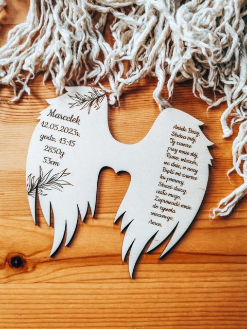 Skrzydła METRYCZKA z modlitwą (12cm) (1szt) - gałązki - - - (dowolny tekst, skrzydełka do aniołka, anioła aniołek, anioł, metryk