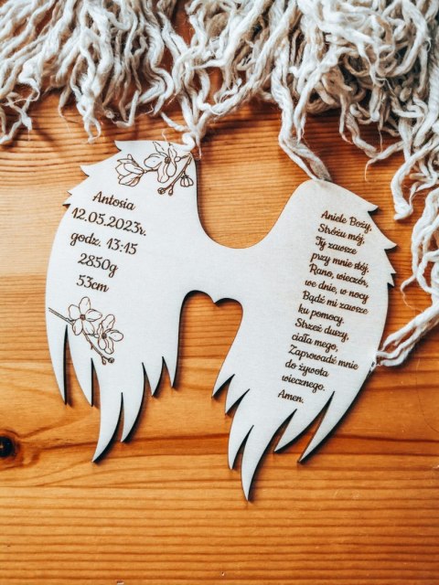 Skrzydła METRYCZKA z modlitwą (12cm) (1szt) - kwiat jabłoni - - - (dowolny tekst, skrzydełka do aniołka, anioła aniołek, anioł, 