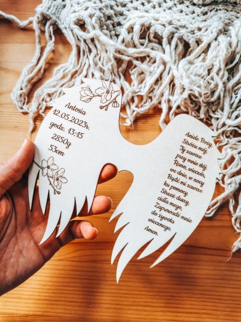 Skrzydła METRYCZKA z modlitwą (12cm) (1szt) - kwiat jabłoni - - - (dowolny tekst, skrzydełka do aniołka, anioła aniołek, anioł, 