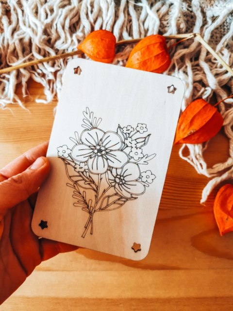 Laurka DIY 9,5 x 14,5cm (1szt) - BUKIET 01 - - - (drewniana kolorowanka kartka, drewniane kolorowanki kartki)