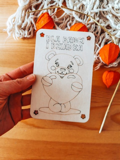 Laurka DIY 9,5x14,5cm (1szt) - MIŚ dla Babci i Dziadka - - - (drewniana kolorowanka kartka, drewniane kolorowanki kartki)