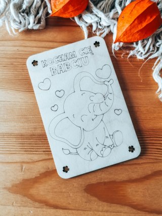 Laurka DIY 9,5x14,5cm (1szt) - SŁONIK dla Babci i Dziadka - - - (drewniana kolorowanka kartka, drewniane kolorowanki kartki)