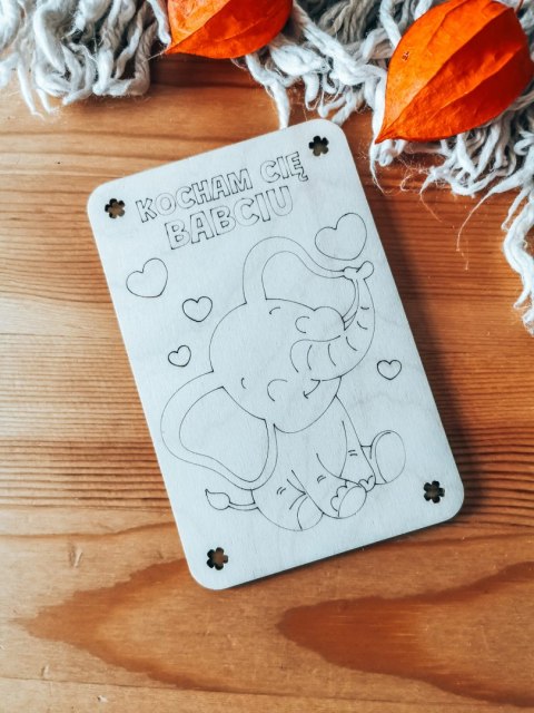 Laurka DIY 9,5x14,5cm (1szt) - SŁONIK dla Babci i Dziadka - - - (drewniana kolorowanka kartka, drewniane kolorowanki kartki)