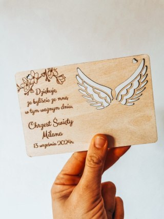 Podziękowanie CHRZEST - (1szt) tabliczka ze skrzydłami 9,5 x 14,5cm - DOWOLNY TEKST - - - (na aniołka podziękowanie, baza ze skr
