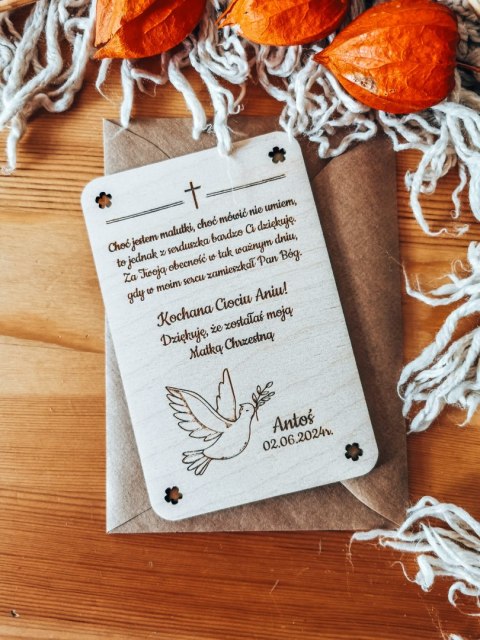 Podziękowanie - Chrzest Święty - drewniana kartka dla Rodziców Chrzestnych - - - (dla Matki Chrzestnej, Ojca Chrzestnego)