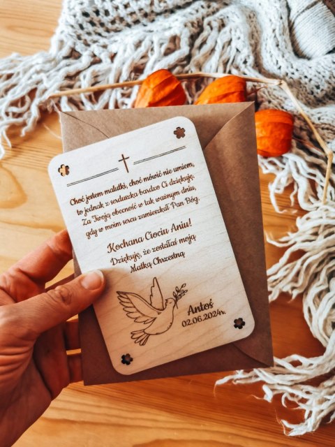 Podziękowanie - Chrzest Święty - drewniana kartka dla Rodziców Chrzestnych - - - (dla Matki Chrzestnej, Ojca Chrzestnego)