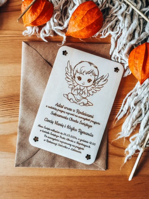 Zaproszenie - ANIOŁEK 01 - Chrzest Święty - - - (drewniane zaproszenie, drewniana kartka)