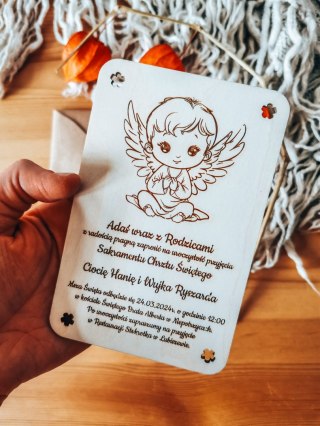 Zaproszenie - ANIOŁEK 01 - Chrzest Święty - - - (drewniane zaproszenie, drewniana kartka)