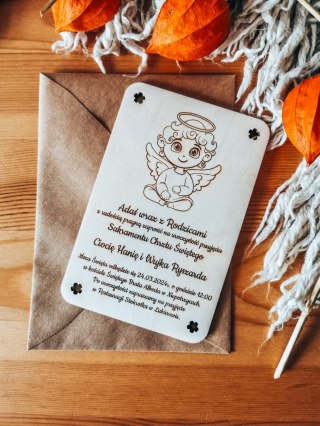 Zaproszenie - ANIOŁEK 02 - Chrzest Święty - - - (drewniane zaproszenie, drewniana kartka)