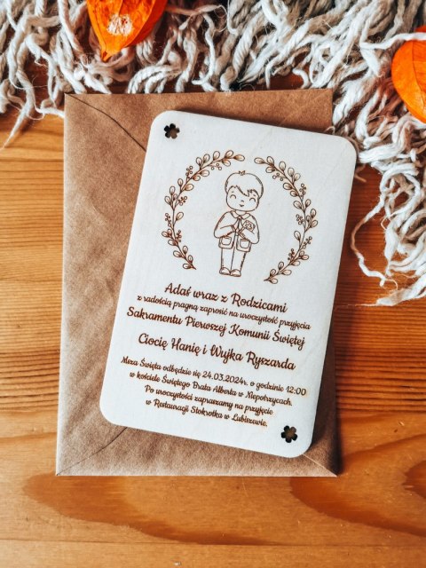 Zaproszenie - CHŁOPIEC - Komunia - - - (drewniane zaproszenie, drewniana kartka, Pierwsza Komunia Święta)