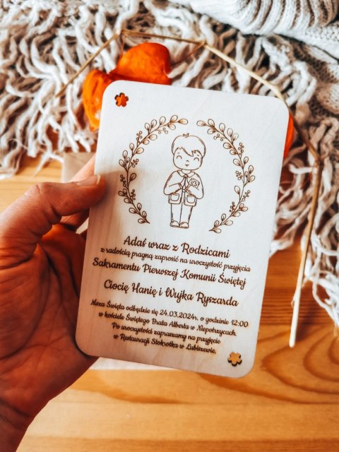 Zaproszenie - CHŁOPIEC - Komunia - - - (drewniane zaproszenie, drewniana kartka, Pierwsza Komunia Święta)