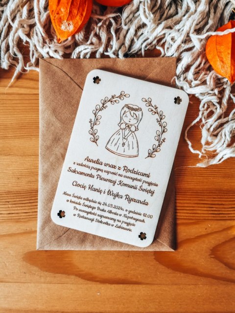 Zaproszenie - DZIEWCZYNKA - Komunia - - - (drewniane zaproszenie, drewniana kartka, Pierwsza Komunia Święta)