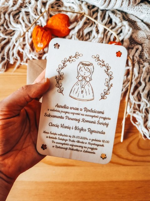 Zaproszenie - DZIEWCZYNKA - Komunia - - - (drewniane zaproszenie, drewniana kartka, Pierwsza Komunia Święta)