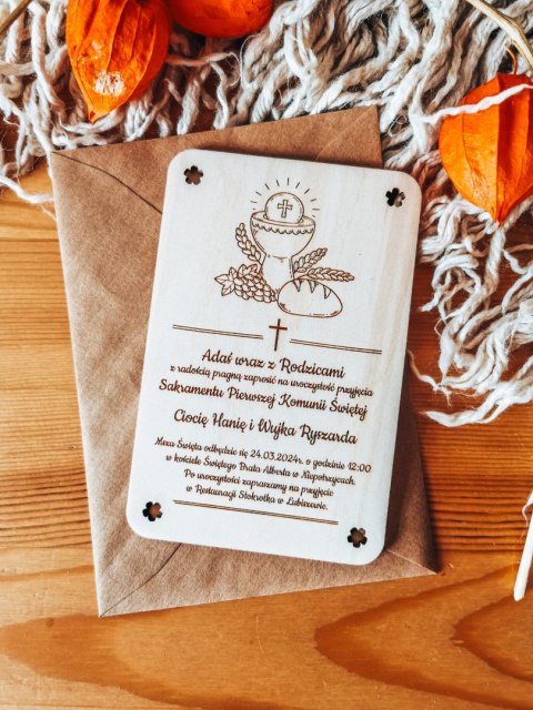 Zaproszenie - KIELICH 02 - Komunia - - - (drewniane zaproszenie, drewniana kartka, Pierwsza Komunia Święta, hostia)