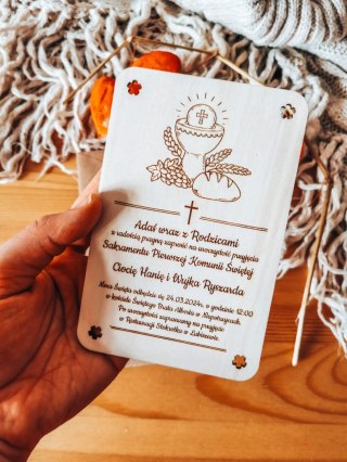 Zaproszenie - KIELICH 02 - Komunia - - - (drewniane zaproszenie, drewniana kartka, Pierwsza Komunia Święta, hostia)