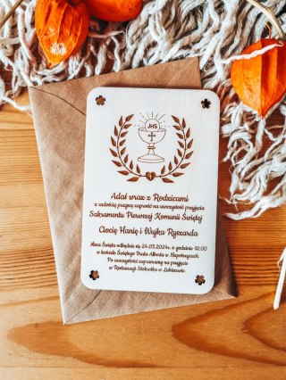 Zaproszenie - KIELICH 03 - Komunia - - - (drewniane zaproszenie, drewniana kartka, Pierwsza Komunia Święta, hostia)