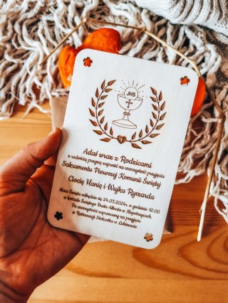 Zaproszenie - KIELICH 03 - Komunia - - - (drewniane zaproszenie, drewniana kartka, Pierwsza Komunia Święta, hostia)